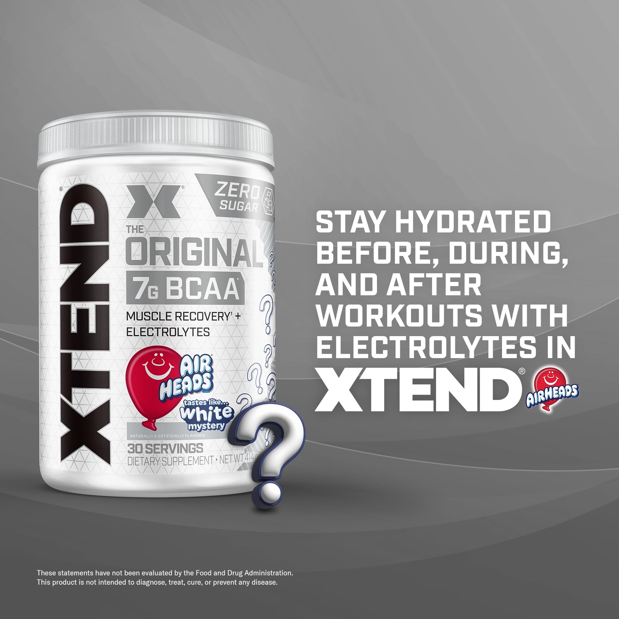 Xtend AirHeads Candy BCAA label closeup confirms sugar-free formula and ingredients.