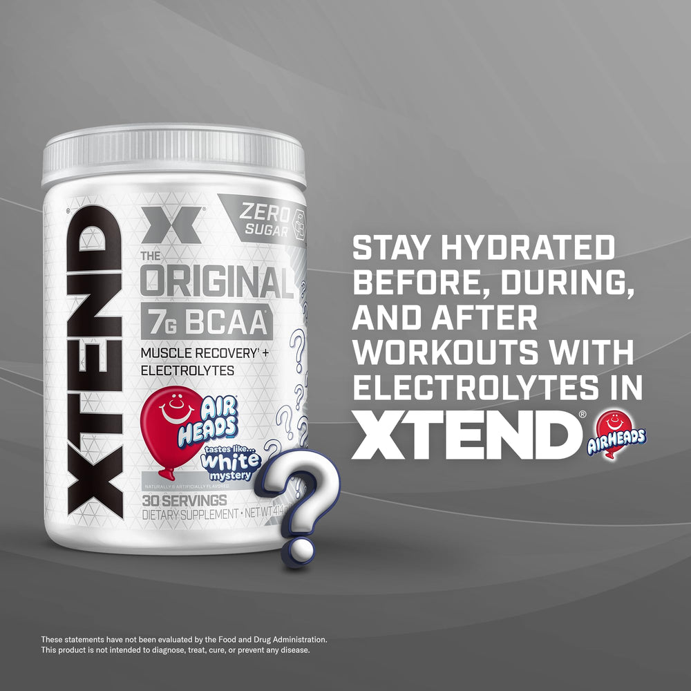 Xtend AirHeads Candy BCAA label closeup confirms sugar-free formula and ingredients.
