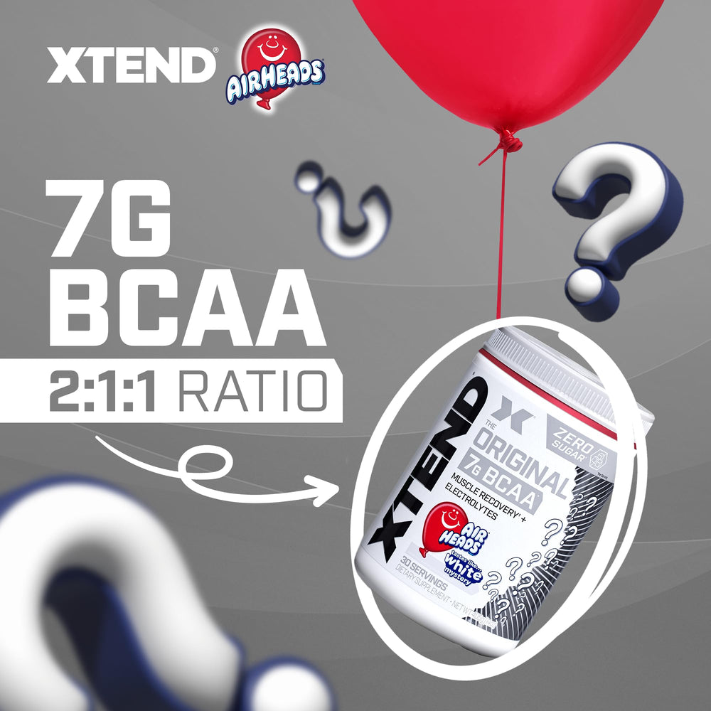 Xtend AirHeads Candy BCAA prep glass shows electrolyte hydration for workouts.