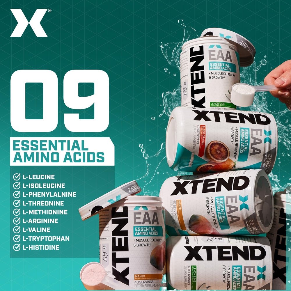 XTEND EAA + BCAA powder label highlighting 10g EAAs per 2 servings