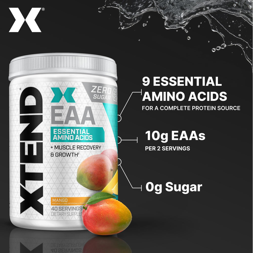 Box and tub of XTEND EAA + BCAA powder Mango flavor