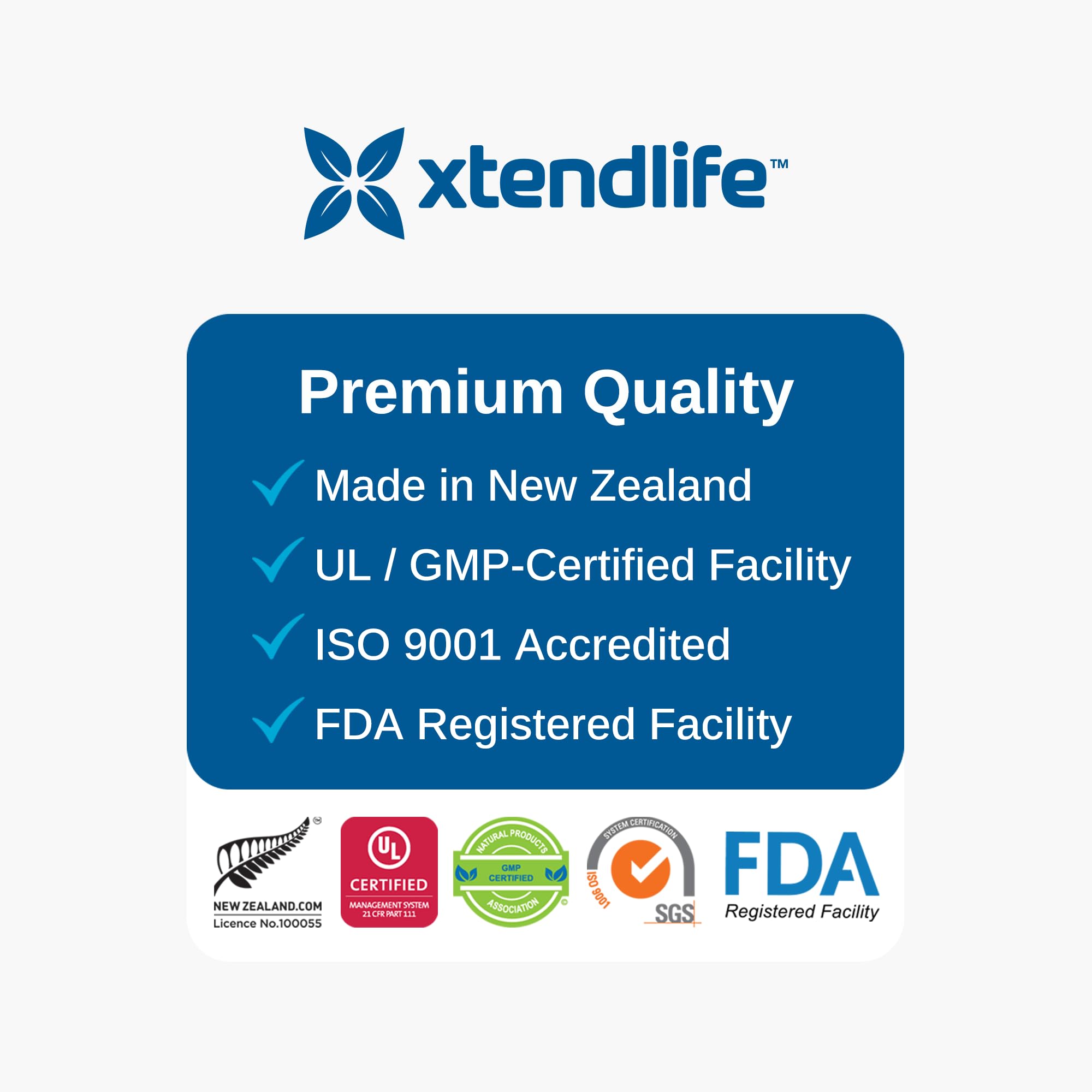 Xtendlife VasQFlow label closeup communicates quality and GMP-certified manufacturing credibility.