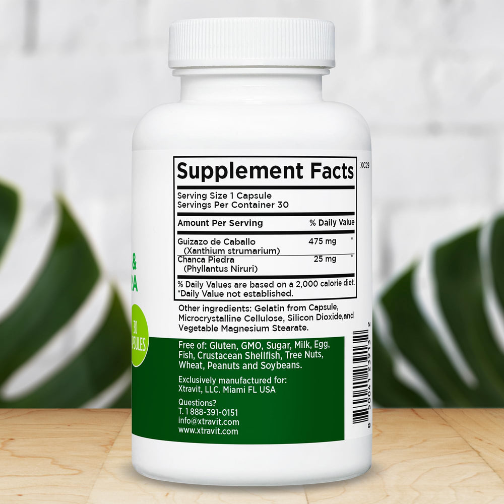 Guizazo de Caballo & Chanca Piedra capsules on neutral background