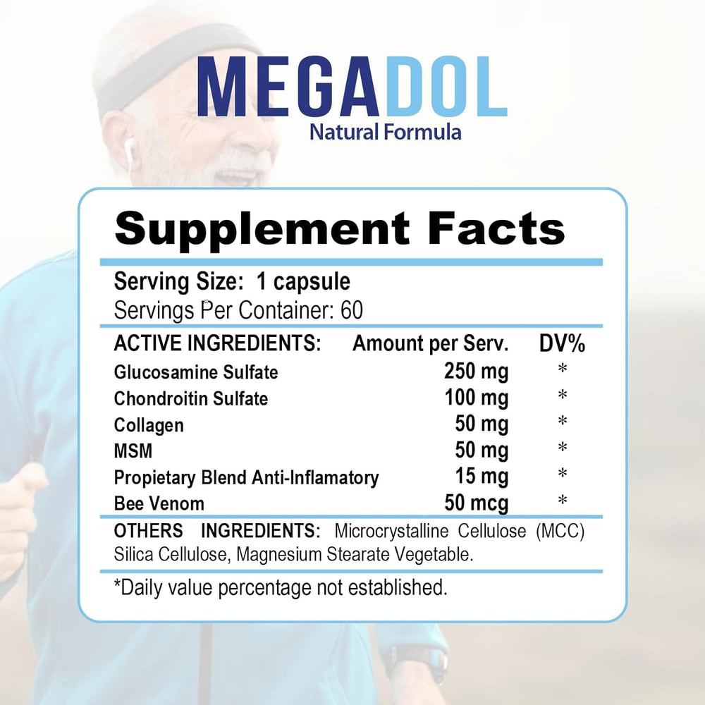 Megadol 100% Natural bottle with Glucosamine, Chondroitin, Collagen and MSM