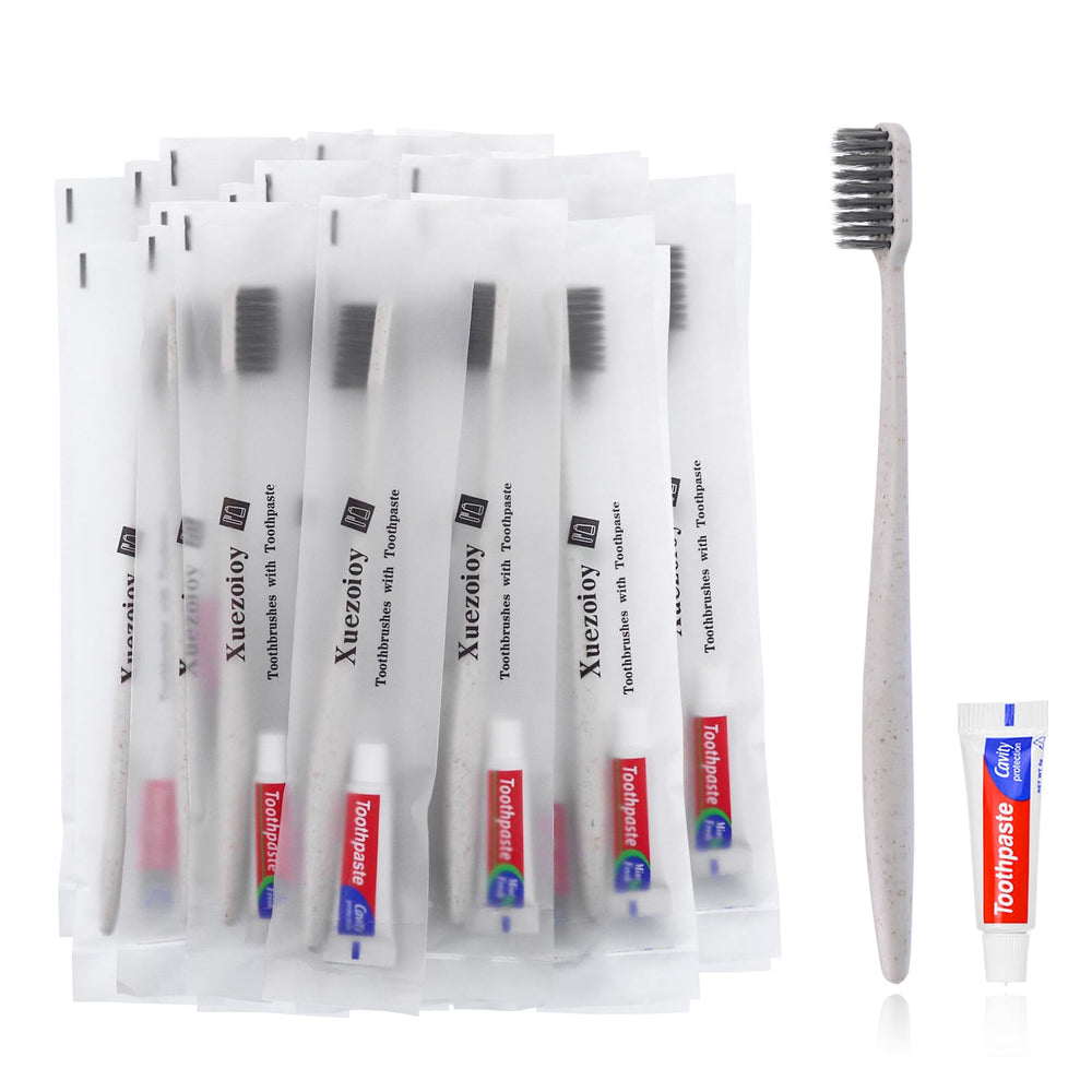 Xuezoioy disposable toothbrushes with toothpaste, apricot color, 100-pack, individually wrapped — image 1