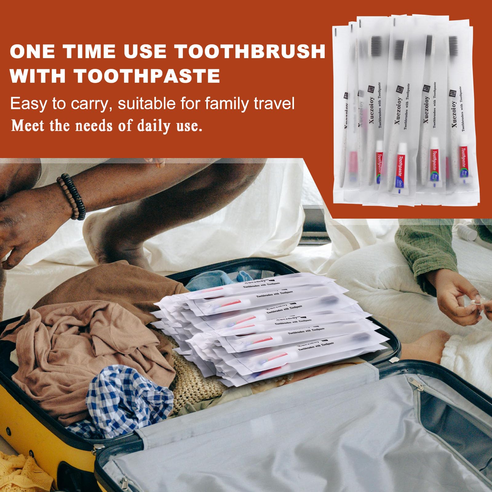 Bulk 100-pack Xuezoioy toothbrushes for travel, apricot color — image 3