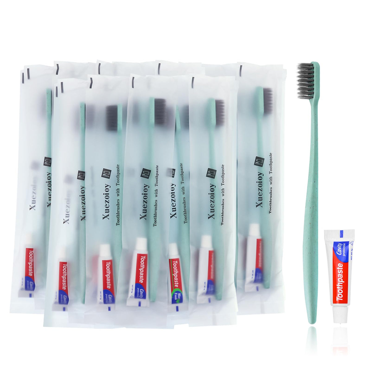 Xuezoioy 30-pack disposable toothbrushes with toothpaste, green, individually wrapped