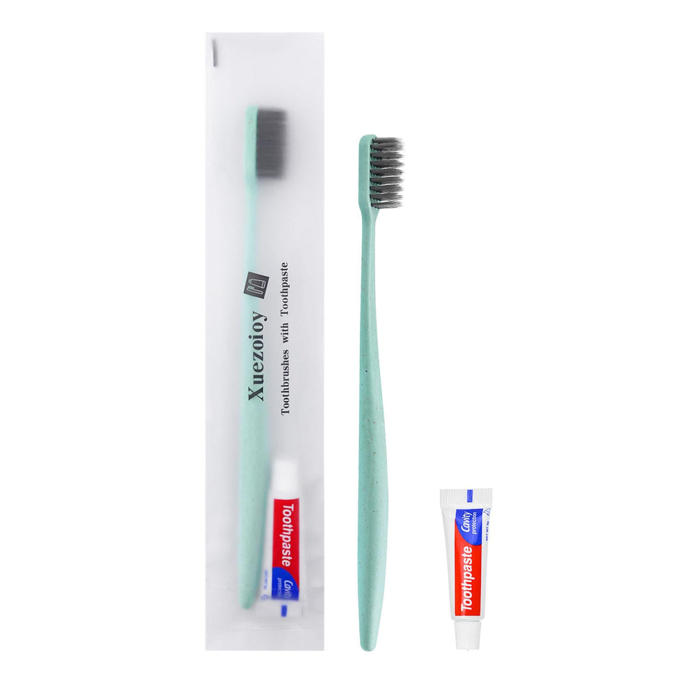 Green wrapped travel toothbrushes for hotels and shelters