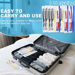 Individual 7-in-1 travel hygiene kit components: toothbrush, toothpaste, comb, floss, cover