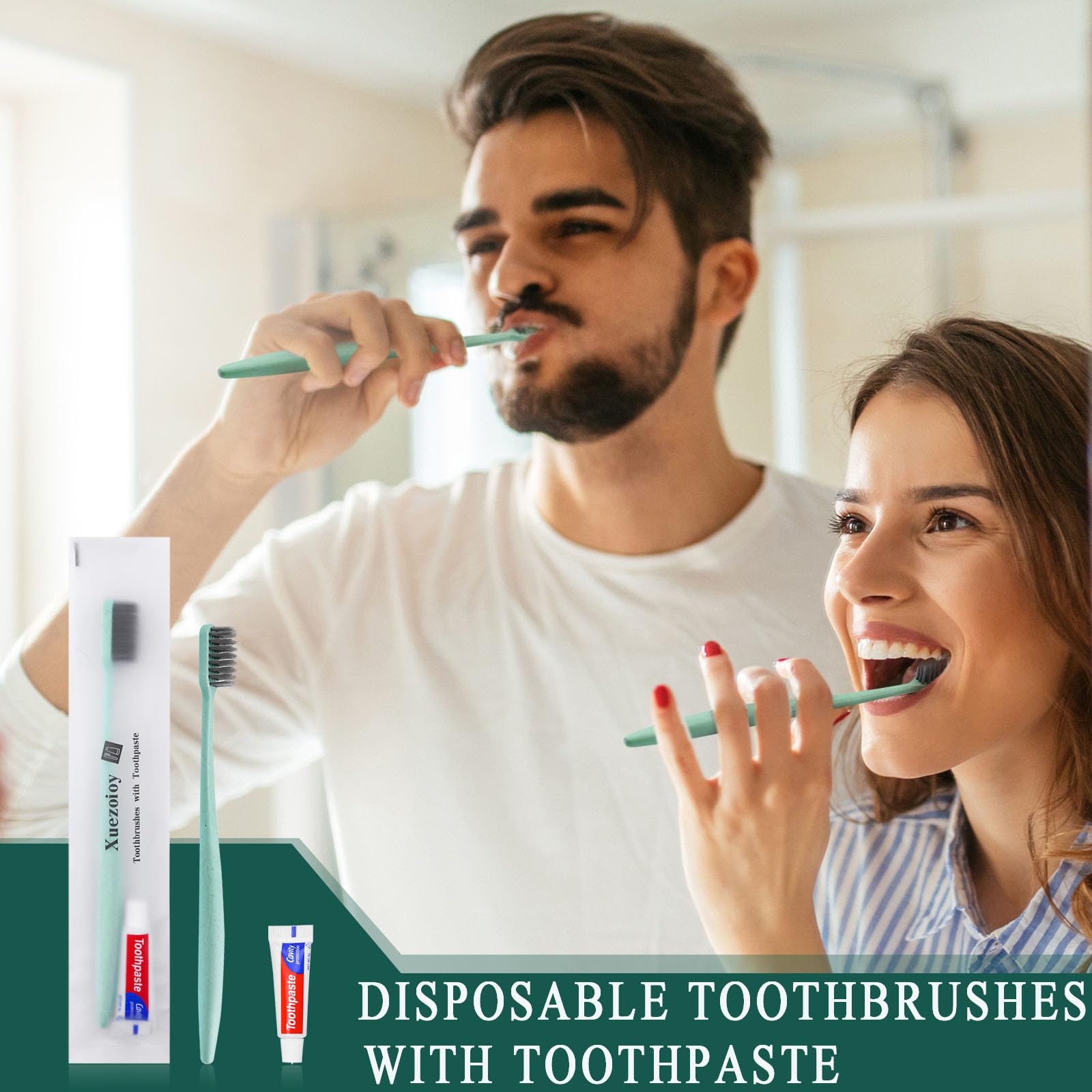 Green 500-pack disposable toothbrushes with toothpaste by Xuezoioy, individually wrapped