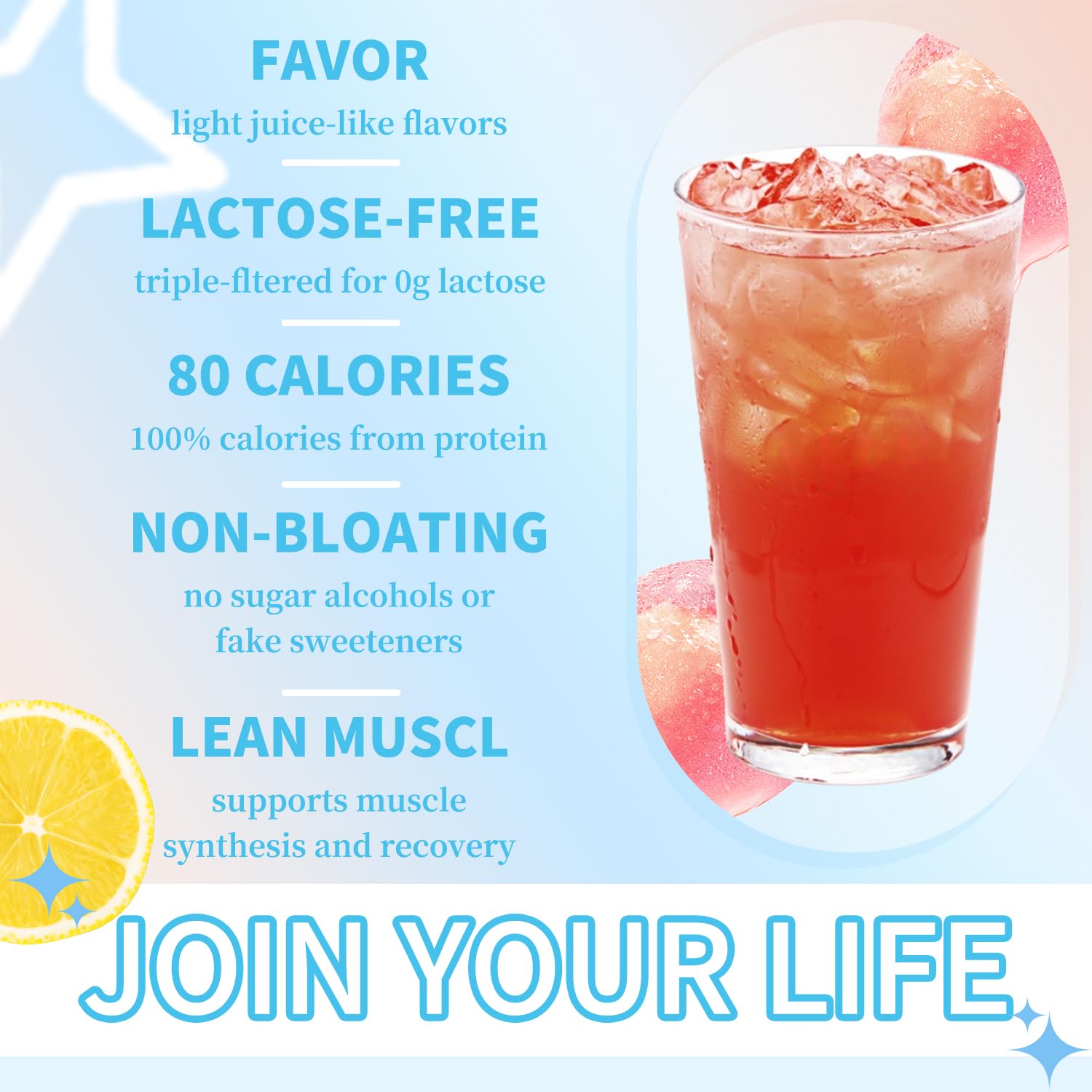 Clear whey isolate powder with peach tea flavor visuals
