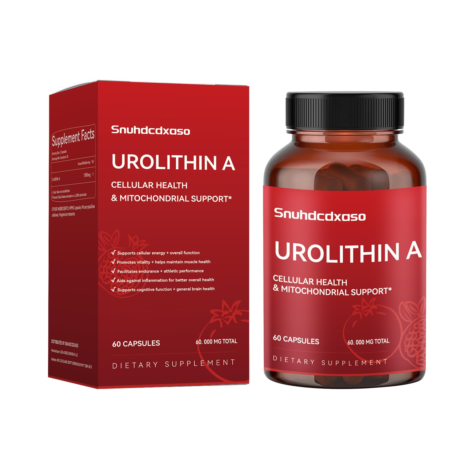 XUIZNEOW Urolithin A bottle label showing 2000mg per serving and 60-count