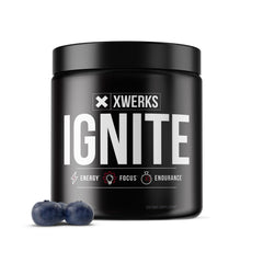 Xwerks Ignite Blue Razz bottle closeup for clean energy during workouts