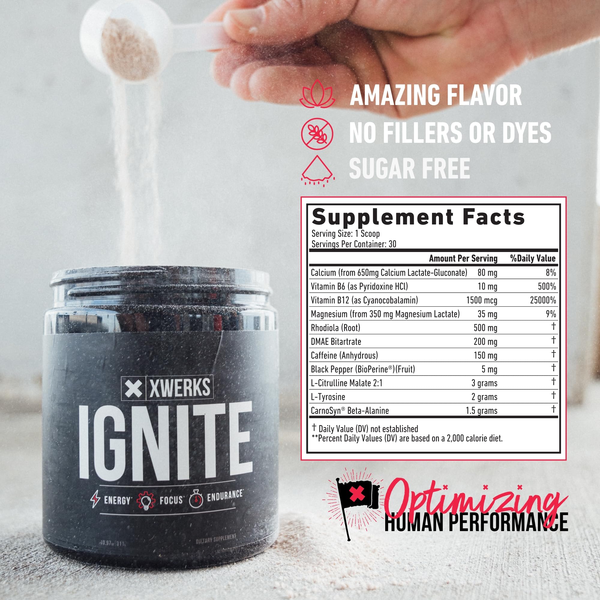 Xwerks Ignite Green Apple scoop dispensing—measured pre-workout serving.