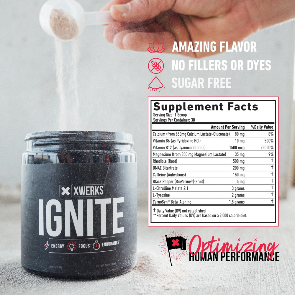 Xwerks Ignite Green Apple scoop dispensing—measured pre-workout serving.