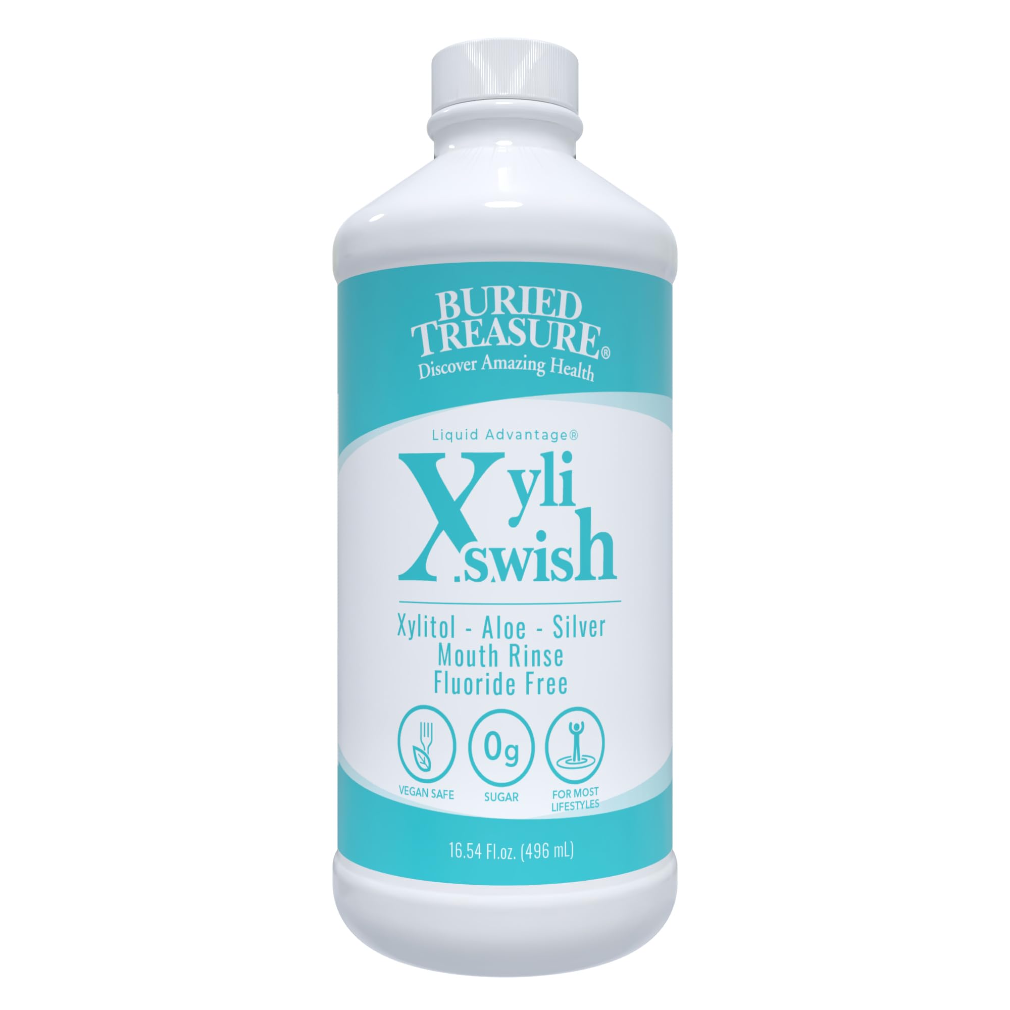 Front view of Xyli Swish mouthwash bottle with peppermint branding