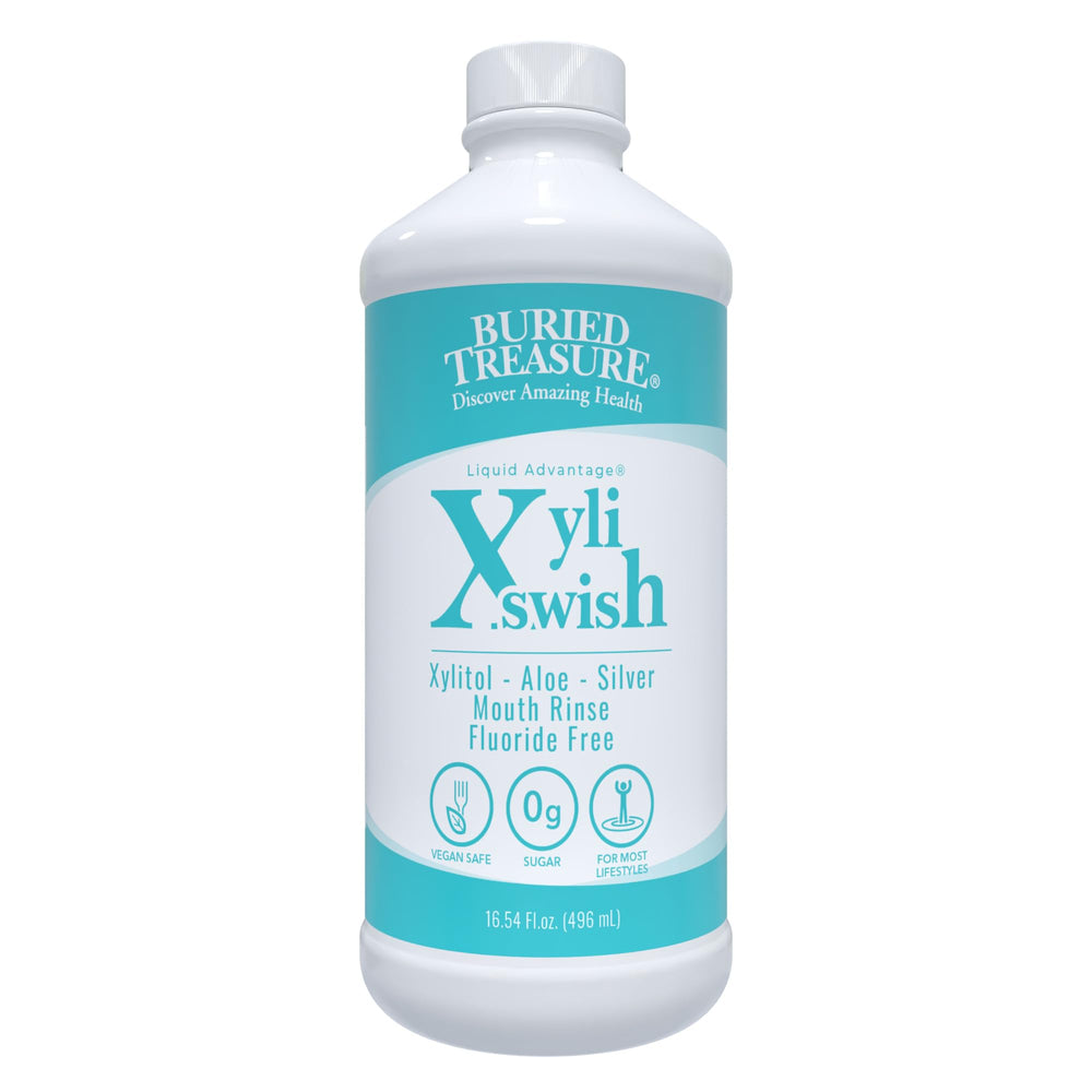 Front view of Xyli Swish mouthwash bottle with peppermint branding