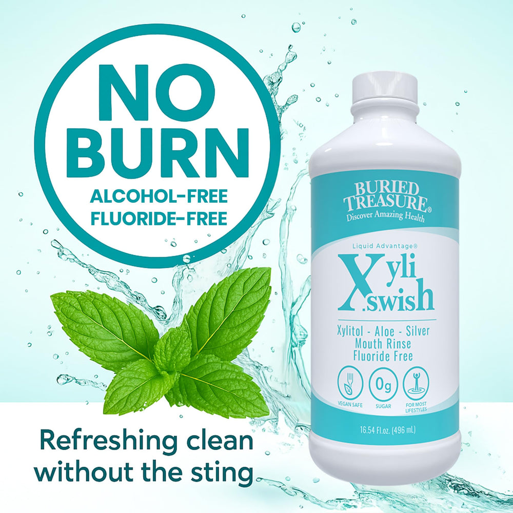 Side view of Xyli Swish mouthwash bottle highlighting packaging