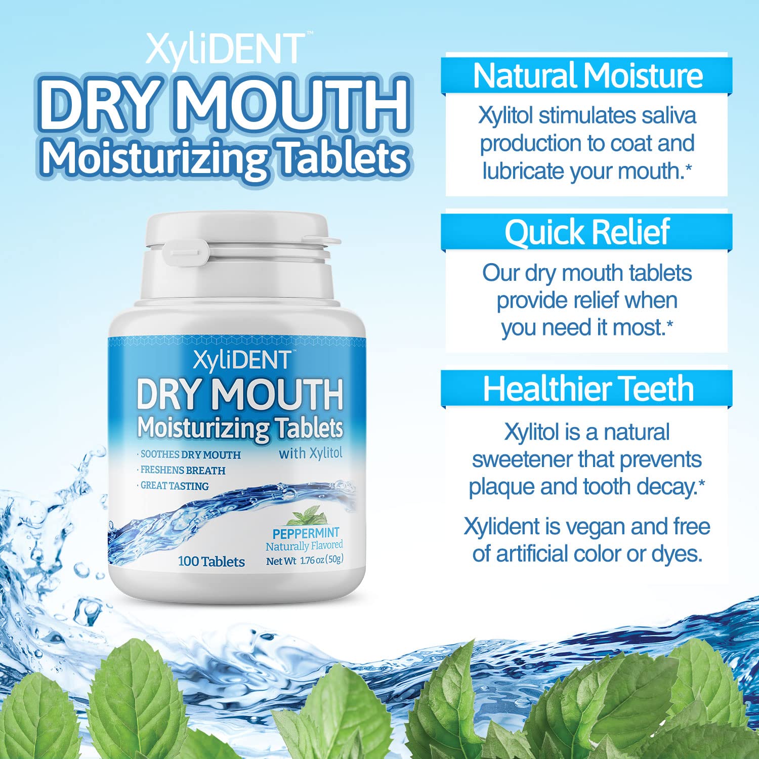 Back of pack showing product details for XyliDENT Peppermint Xylitol tablets