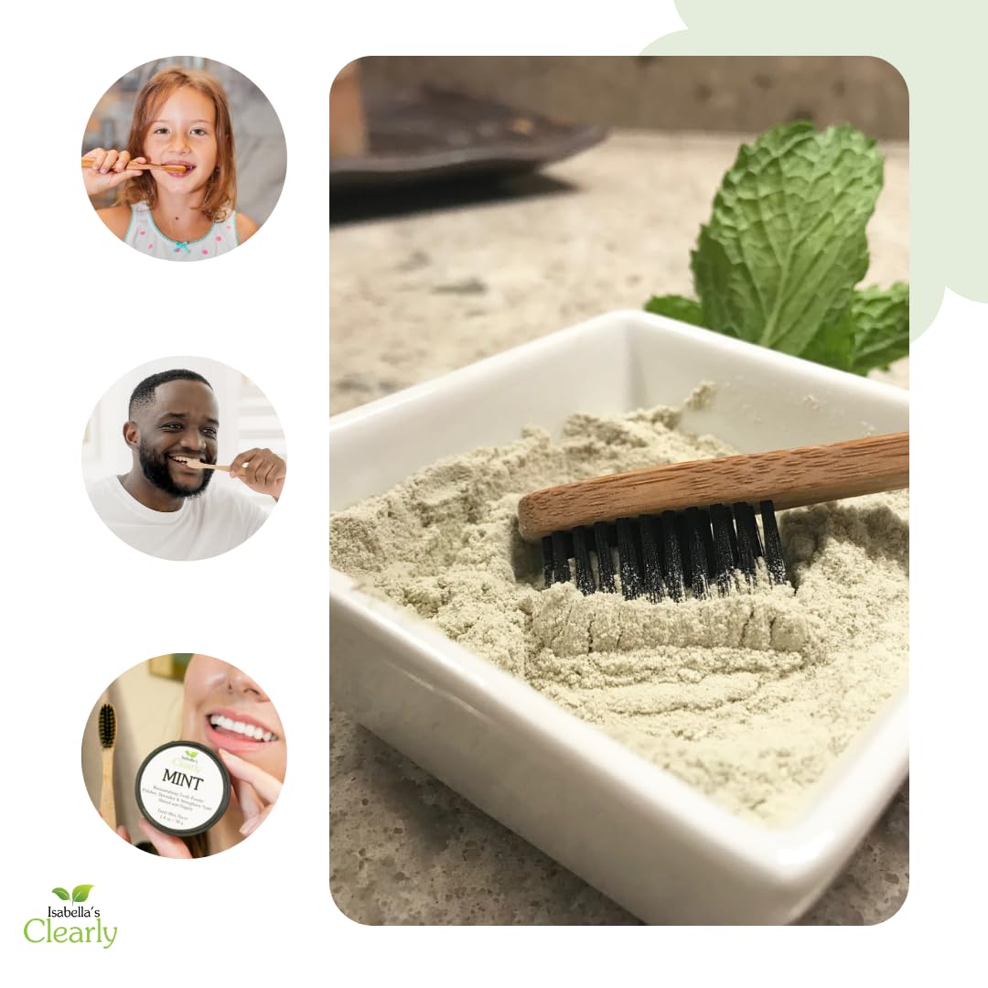 Close-up of ingredients: bentonite clay, calcium carbonate, sodium bicarbonate, xylitol