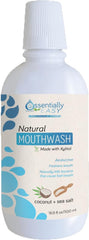 Bottle of xylitol mouthwash with coconut oil and sea salt, peppermint flavor.