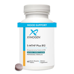 Main product image: XYMOGEN 5-MTHF Plus B12 cherry-flavored tablets