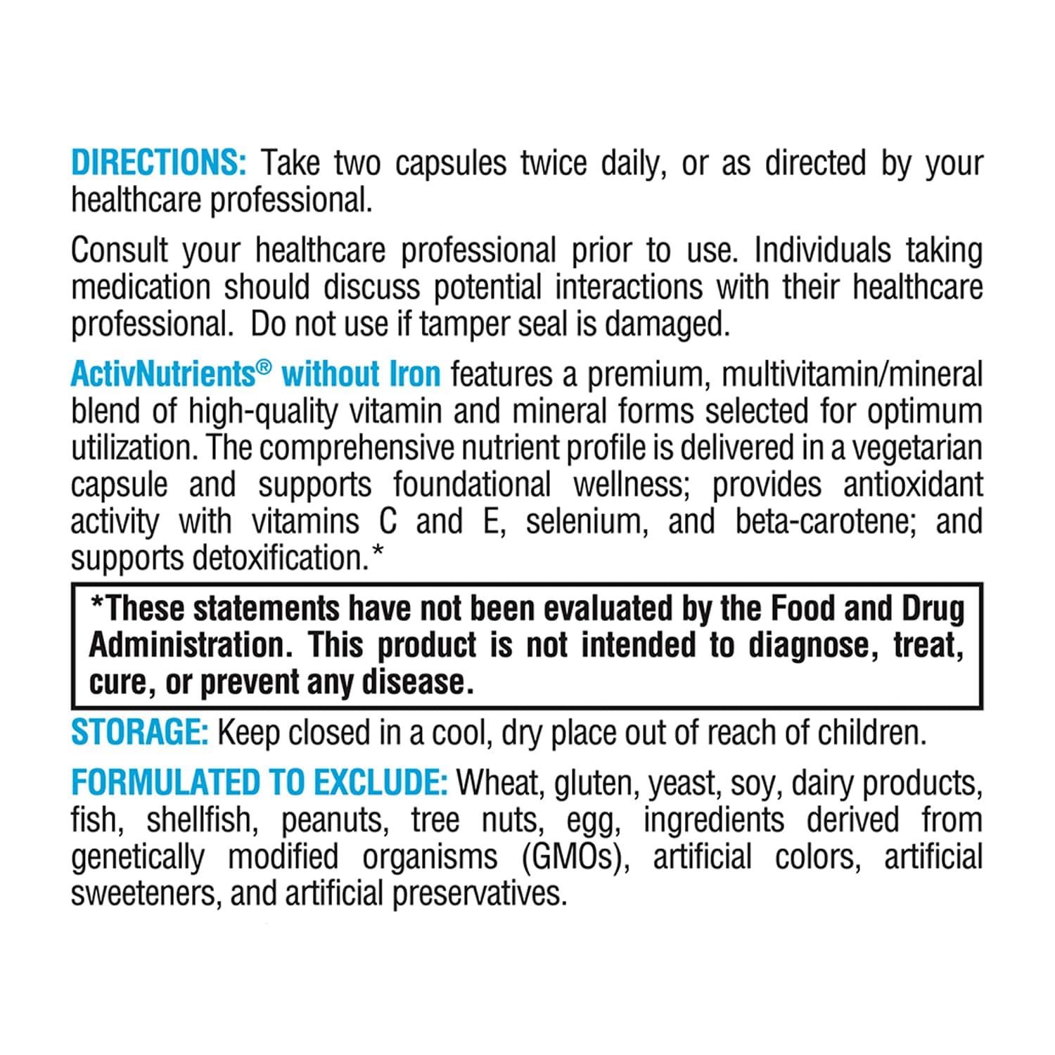 Nutrition facts panel for XYMOGEN ActivNutrients Without Iron