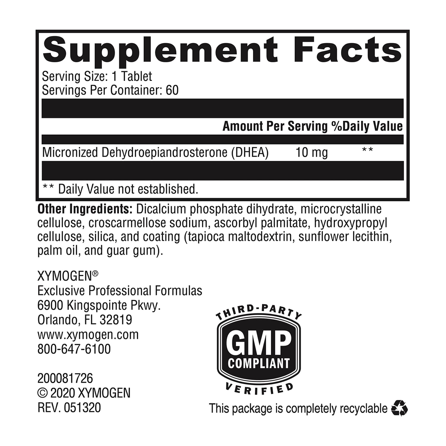 Label showing DHEA 10 mg dosage and product name