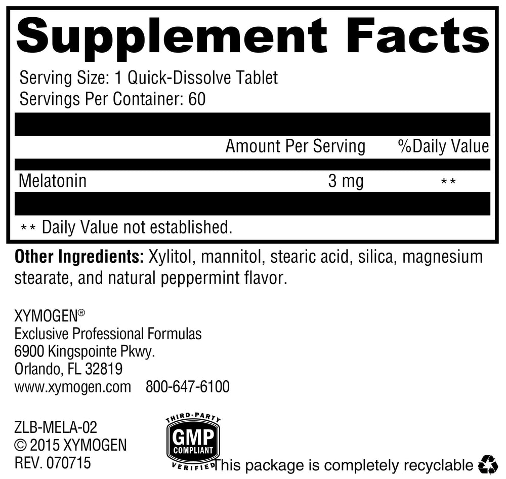 Back packaging with nutrition facts for XYMOGEN Melatonin Peppermint Lozenges