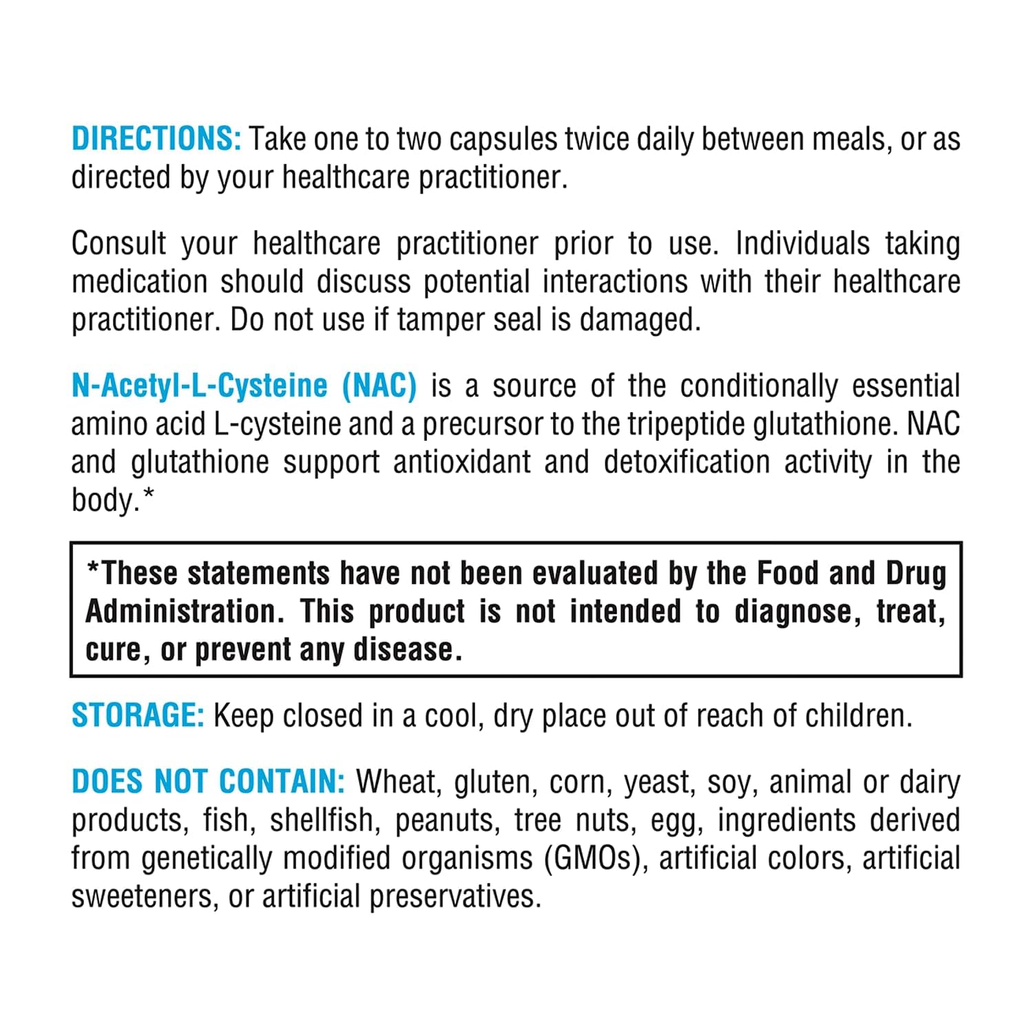 Allergen-free formulation and ingredients of XYMOGEN NAC