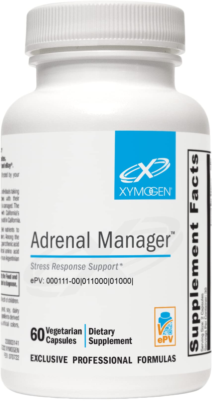 XYMOGEN Adrenal Manager bottle label with 60 capsules