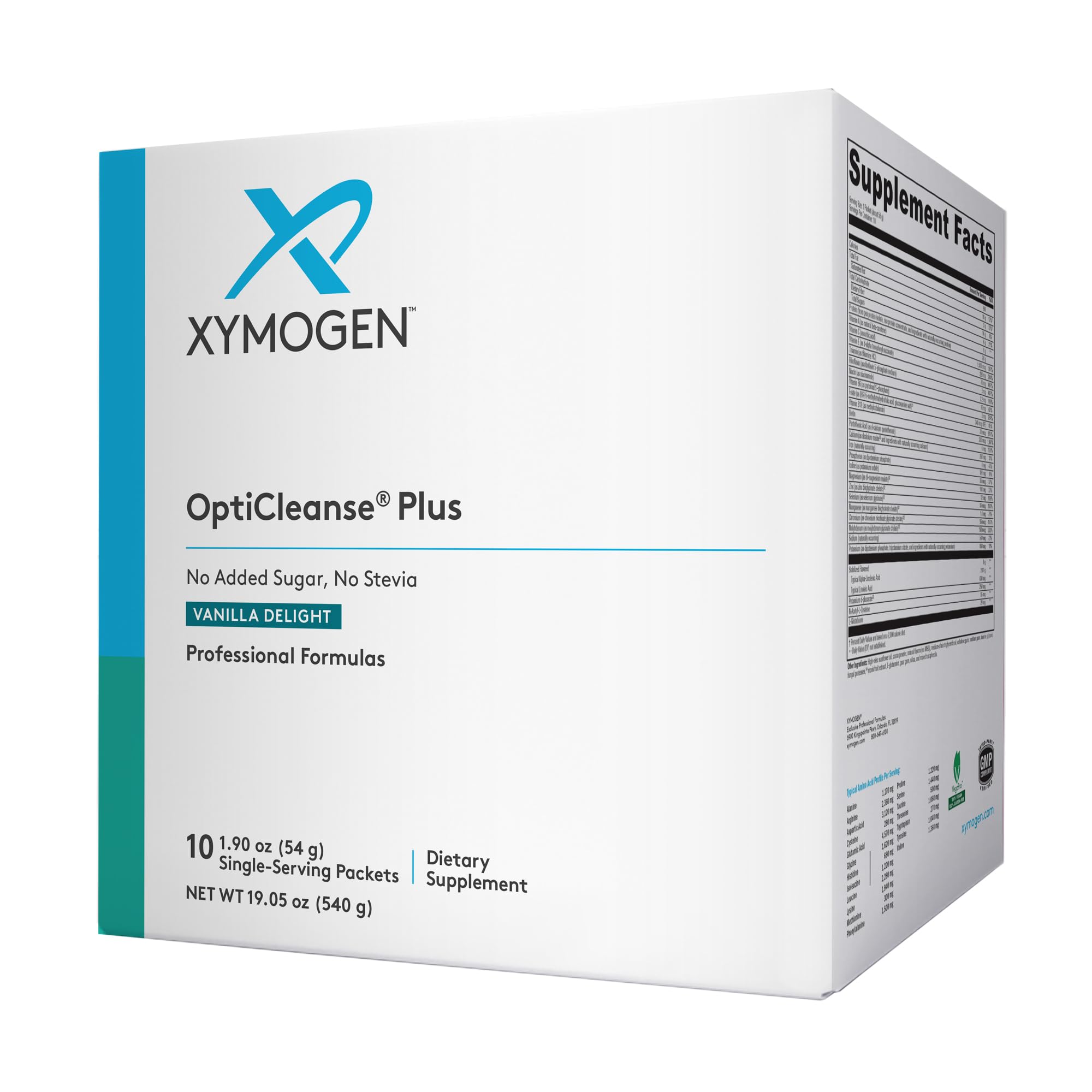 Front view of XYMOGEN OptiCleanse Plus Vanilla Delight 10-pack box