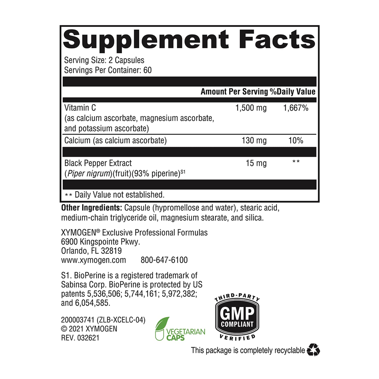 Vegan vitamin C ingredients claim on XYMOGEN Xcellent C