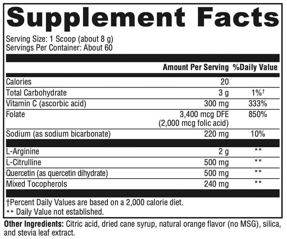 Effervescent orange nitric oxide drink mix dissolving in water