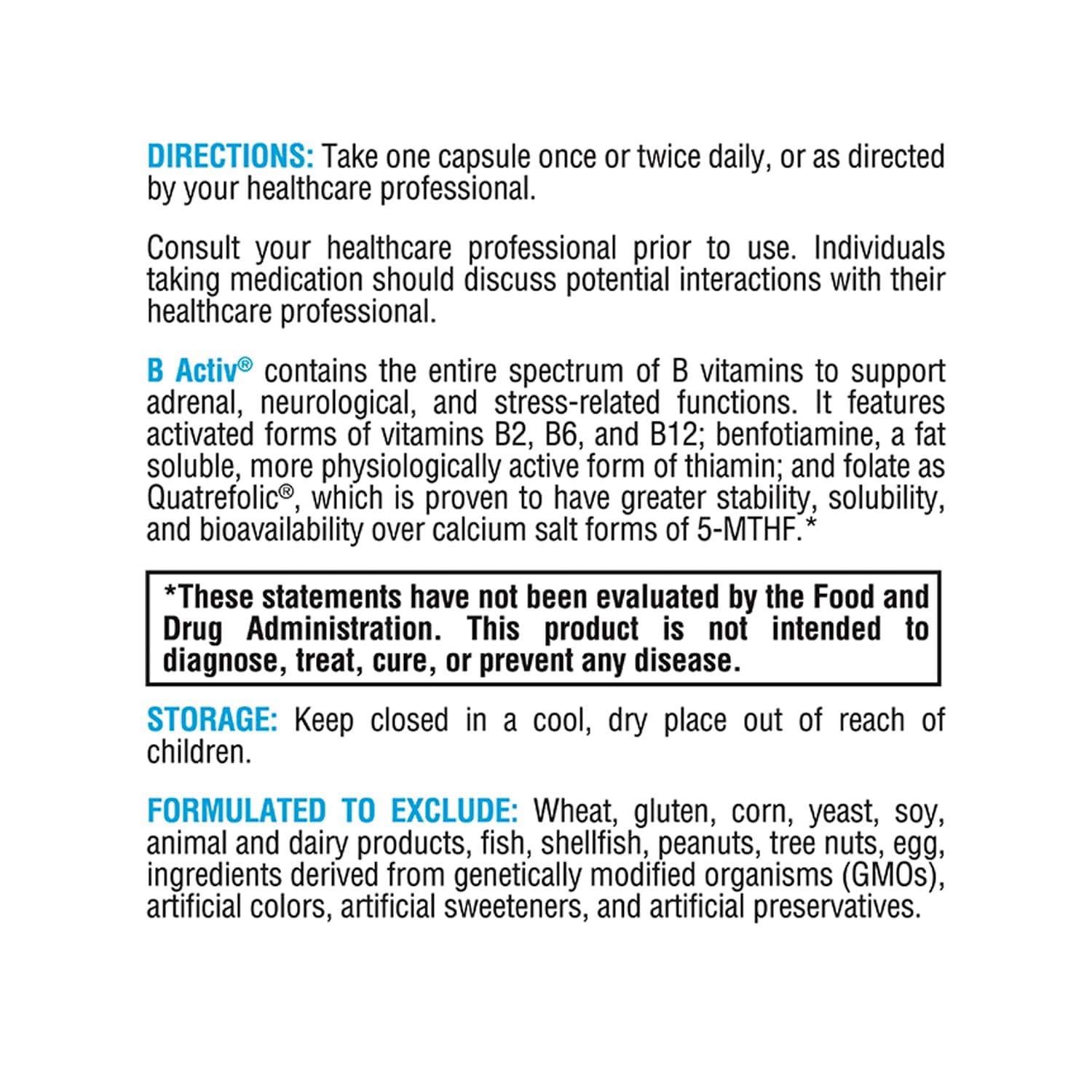 Allergen-friendly, GMO-free Vitamin B Complex label