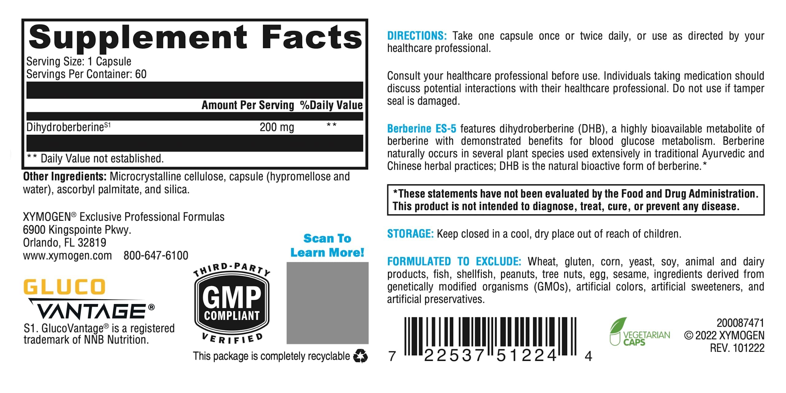 Close-up of XYMOGEN Berberine ES-5 bottle and label