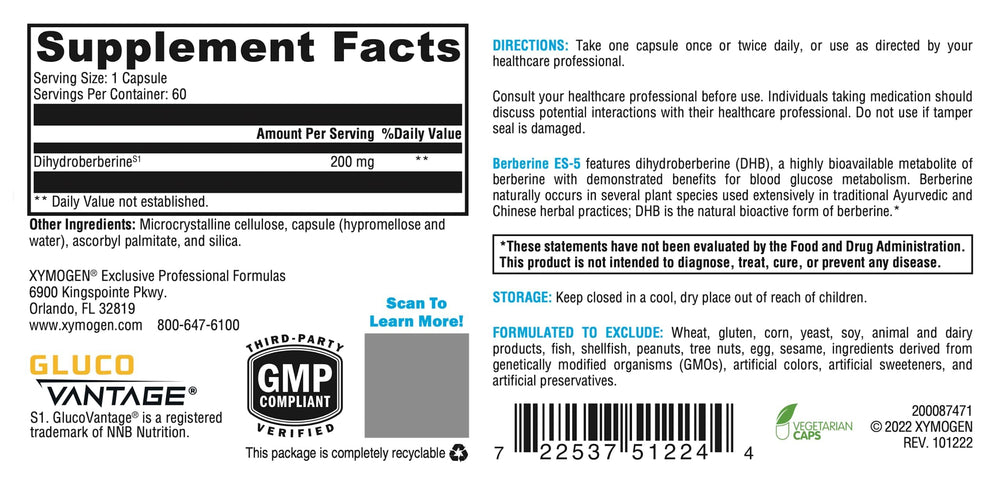 Close-up of XYMOGEN Berberine ES-5 bottle and label