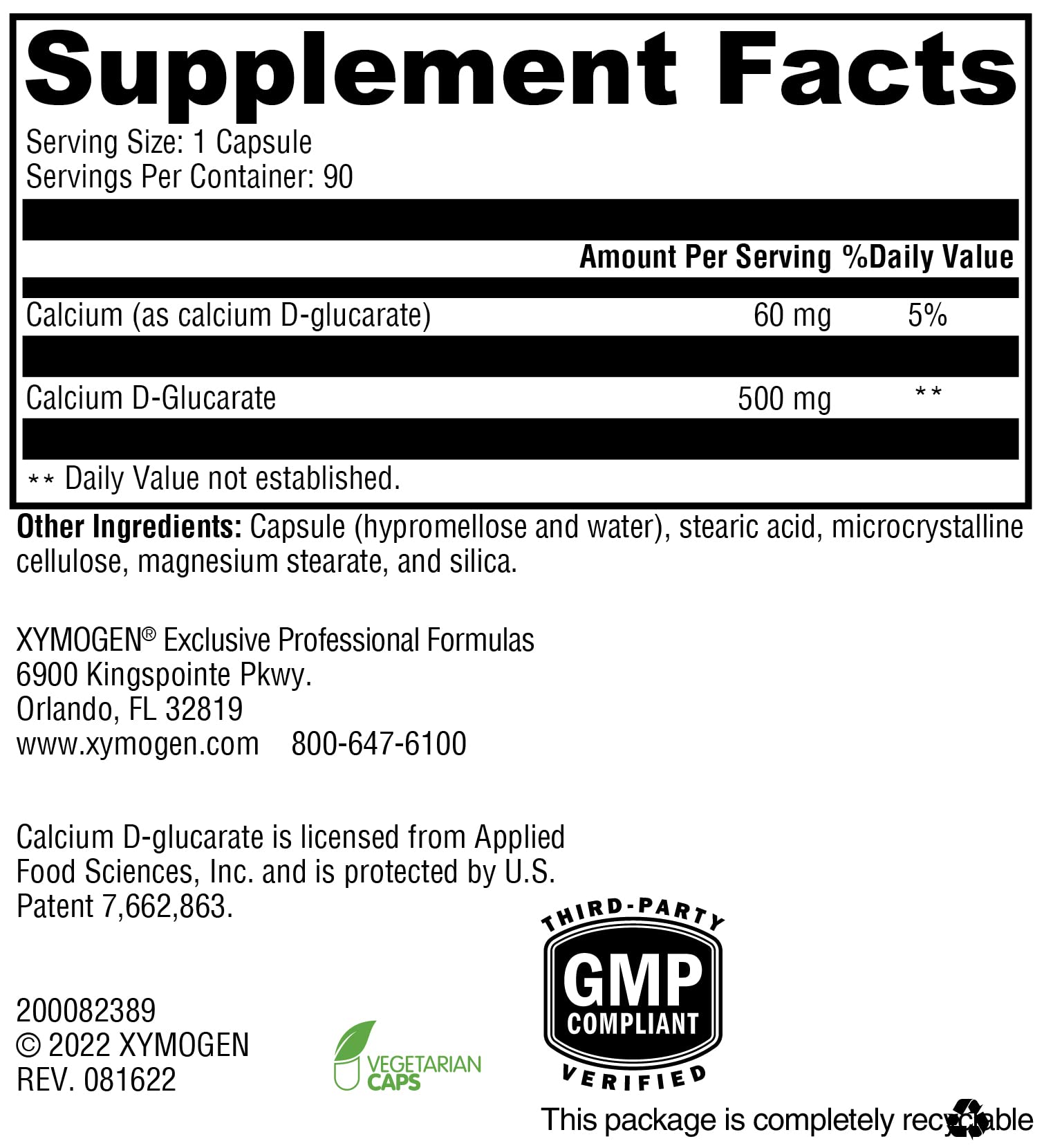 Allergen-free and GMO-free icons for XYMOGEN Calcium D-Glucarate 500mg