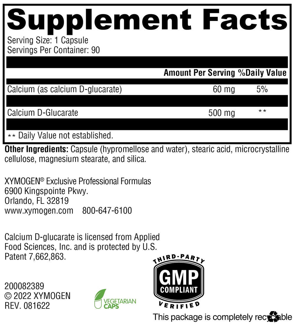 Allergen-free and GMO-free icons for XYMOGEN Calcium D-Glucarate 500mg