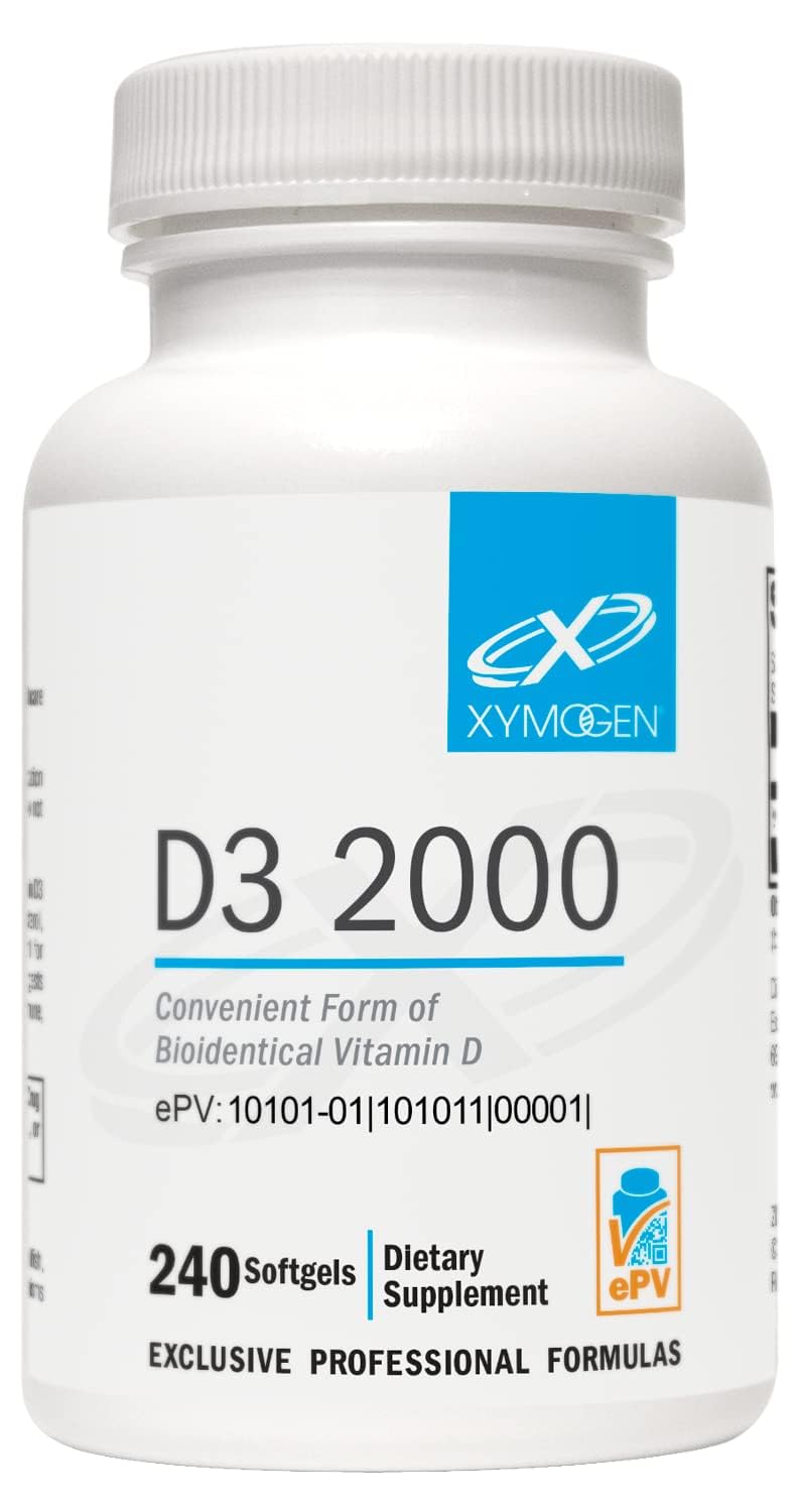 Front view of XYMOGEN D3 2000 softgel bottle