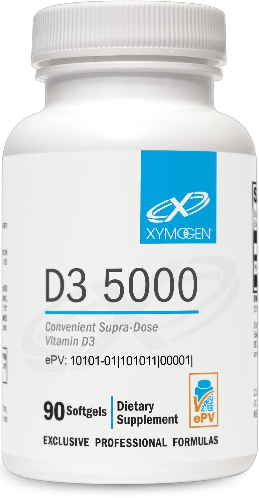 Front label of XYMOGEN D3 5000 bottle displaying 90 softgels