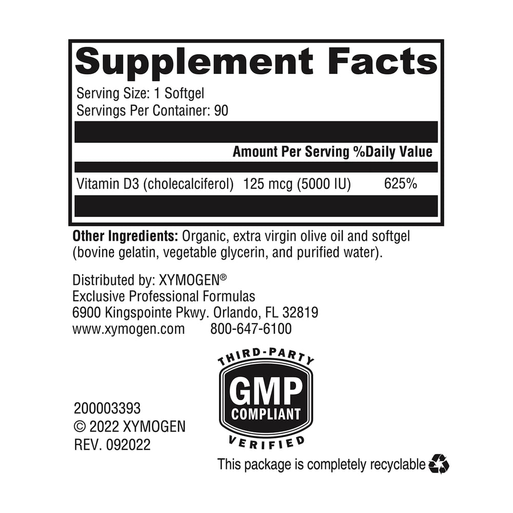 Close-up of XYMOGEN D3 5000 softgel capsules