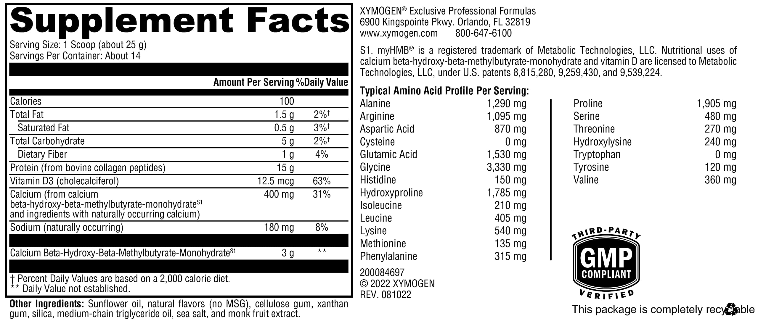 Label showing nutrition and ingredients for XYMOGEN FIT Collagen Vanilla
