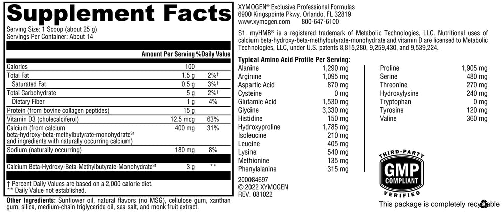 Label showing nutrition and ingredients for XYMOGEN FIT Collagen Vanilla