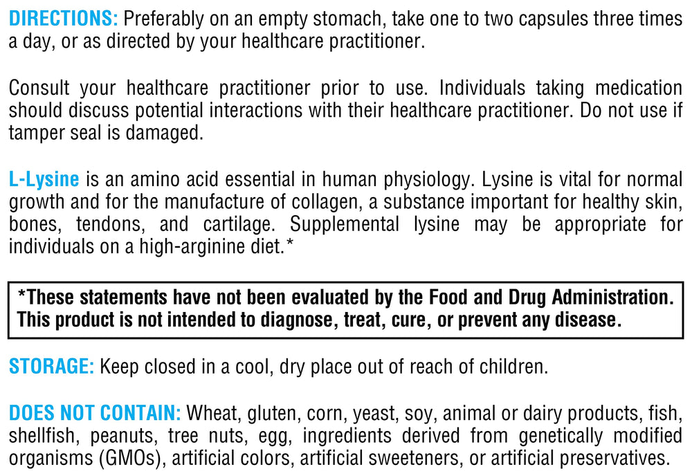 Supplement facts panel for L-Lysine 1000mg