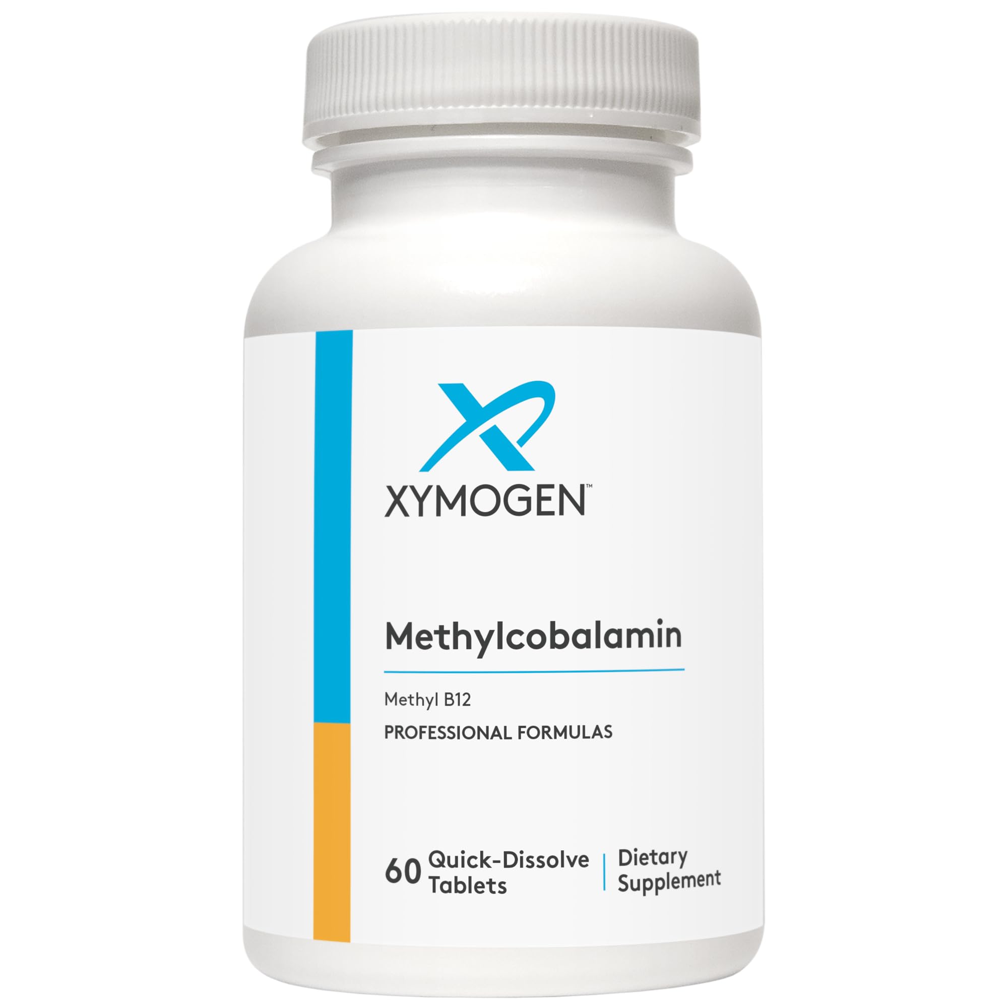 Front view of XYMOGEN Methylcobalamin 5,000 mcg tablets bottle