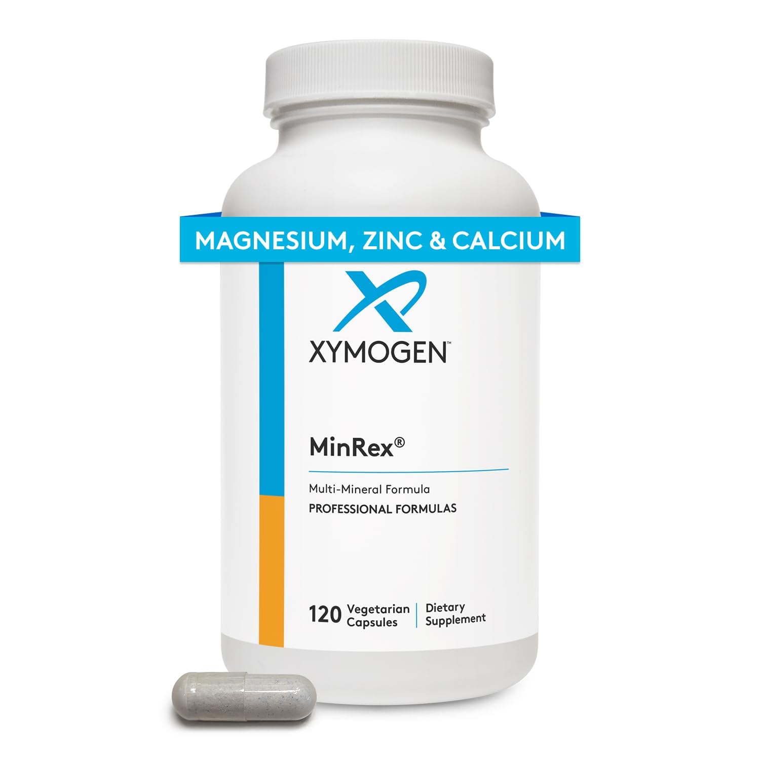 Bottle of XYMOGEN MinRex Multi-Mineral supplement with label showing minerals