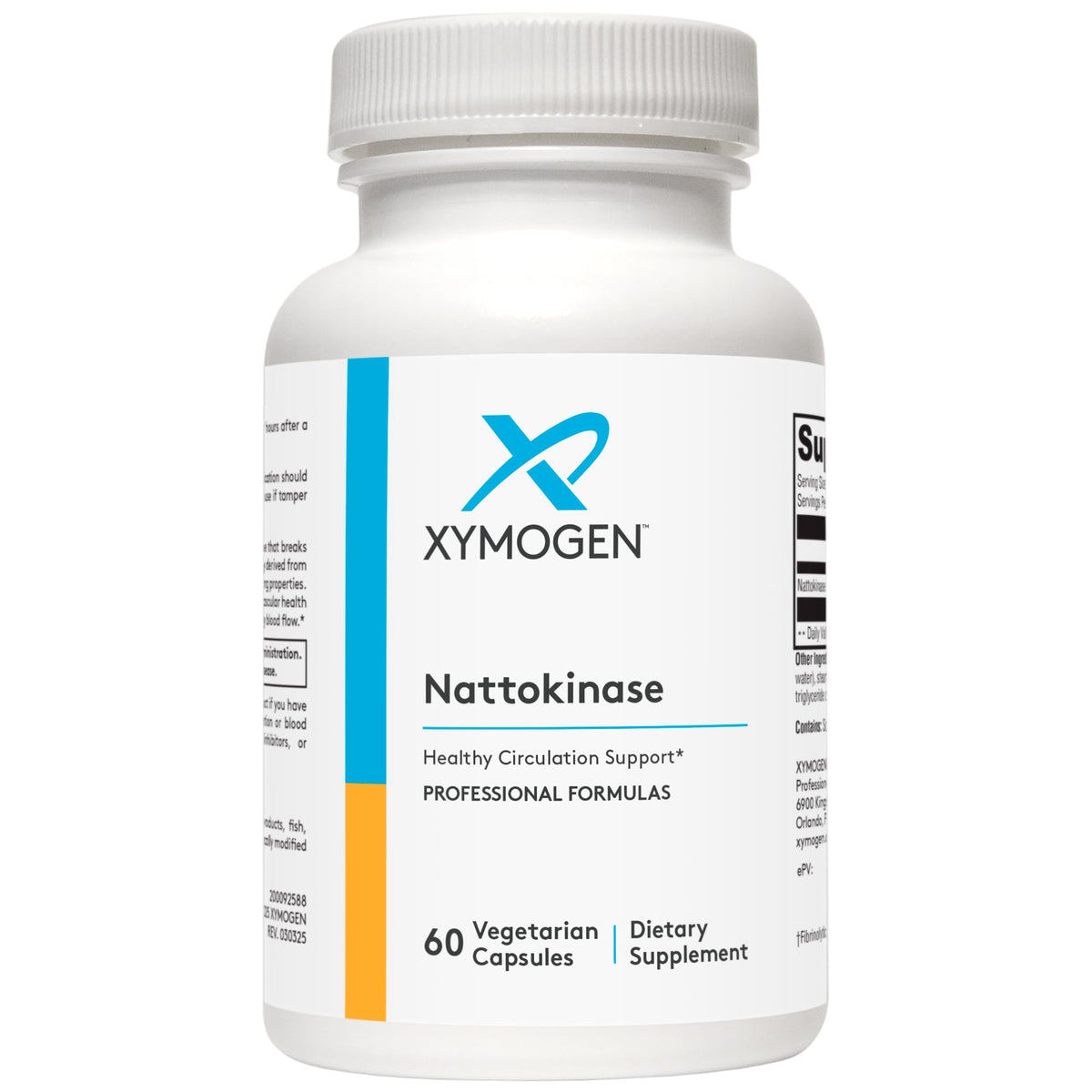 Front view of XYMOGEN Nattokinase 2000 FU bottle with 60 capsules