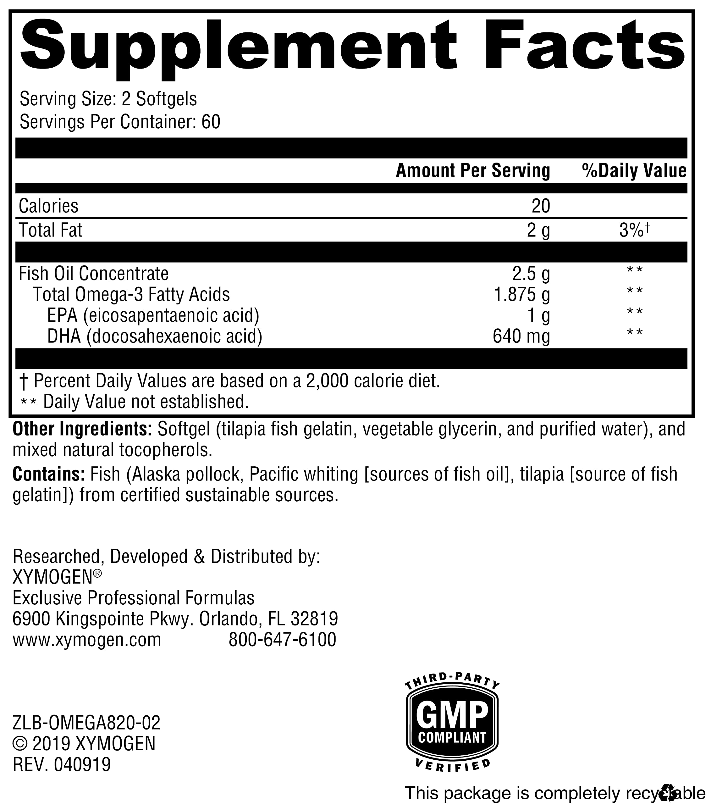 XYMOGEN OmegaPure 820 per-dose detail showing 820 mg EPA/DHA per serving.