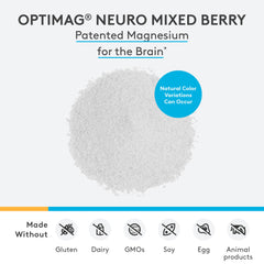 Close-up of OptiMag Neuro mixed berry powder container label